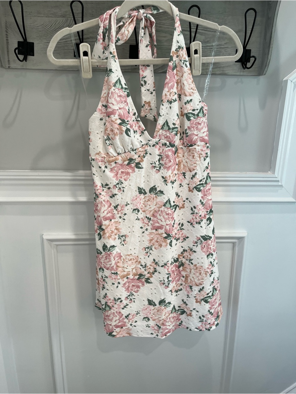 Altar'd State White Halter Mini Dress with Pink Floral Print